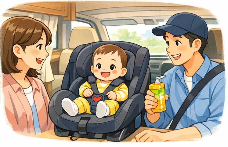 チャイルドシートに乗った赤ん坊と家族のイラスト